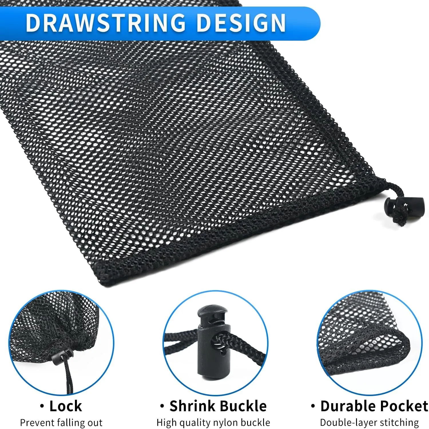 10 Pcs Mesh Drawstring Bag 9" x 12" with Cord Lock Closure, Nylon Durable Heavy Duty Mesh Bag for Laundry Beach Toys Swimming Gym Travel Mushroom Foraging (Black)