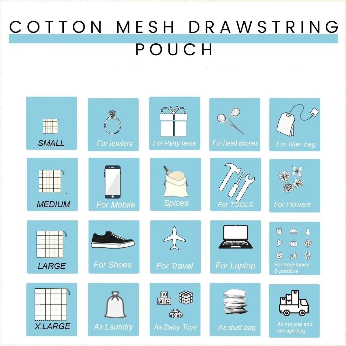 100% Cotton Mesh Drawstring Pouch for everyday use