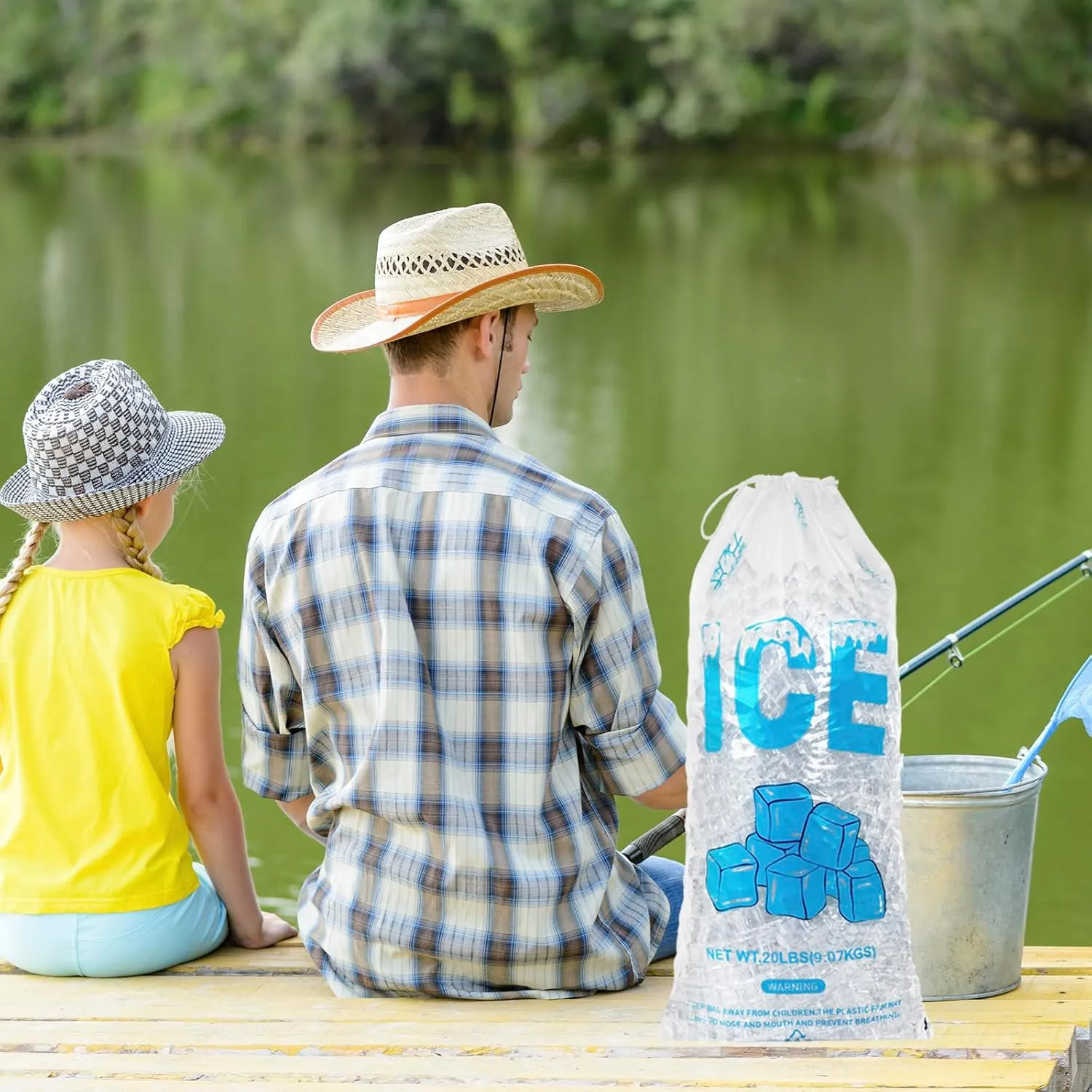 100 PACK 20 lb. Plastic Ice Bags with Cotton Draw String 14 x 28 Inch Heavy-Duty Plastic Ice Storage Bags with Draw String (2.8mil Thickness, Ice Cube pattern)