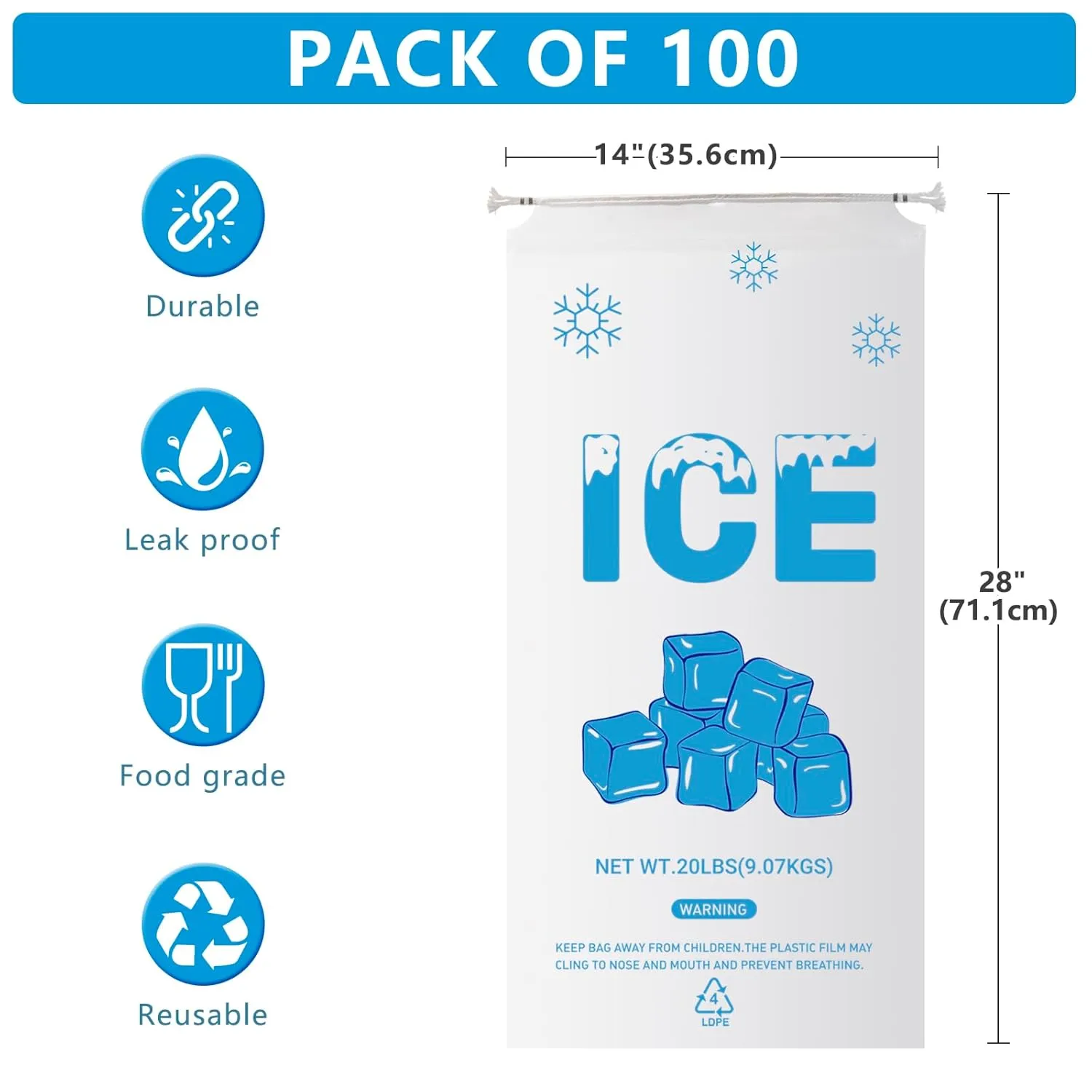 100 PACK 20 lb. Plastic Ice Bags with Cotton Draw String 14 x 28 Inch Heavy-Duty Plastic Ice Storage Bags with Draw String (2.8mil Thickness, Ice Cube pattern)