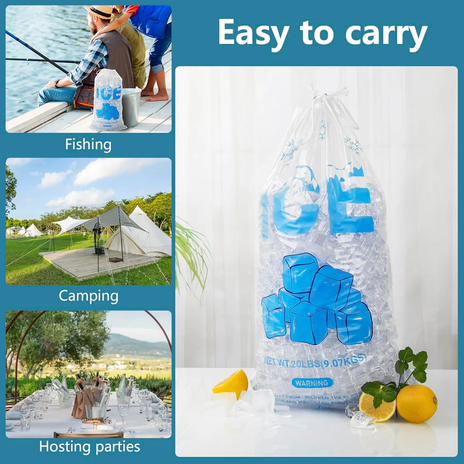 100 PACK 20 lb. Plastic Ice Bags with Cotton Draw String 14 x 28 Inch Heavy-Duty Plastic Ice Storage Bags with Draw String (2.8mil Thickness, Ice Cube pattern)