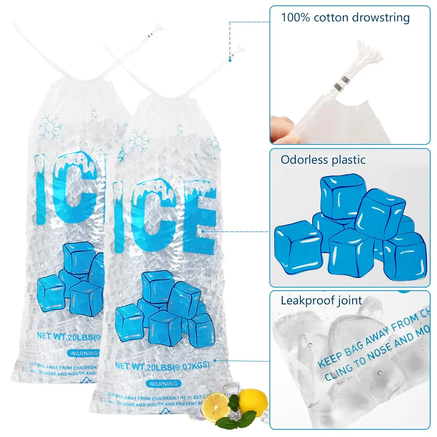 100 PACK 20 lb. Plastic Ice Bags with Cotton Draw String 14 x 28 Inch Heavy-Duty Plastic Ice Storage Bags with Draw String (2.8mil Thickness, Ice Cube pattern)