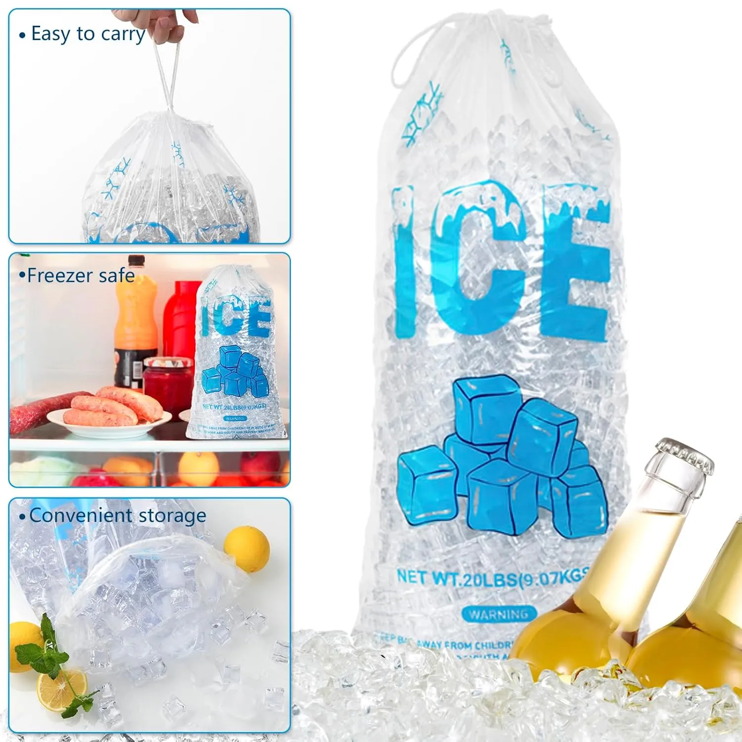 100 PACK 20 lb. Plastic Ice Bags with Cotton Draw String 14 x 28 Inch Heavy-Duty Plastic Ice Storage Bags with Draw String (2.8mil Thickness, Ice Cube pattern)