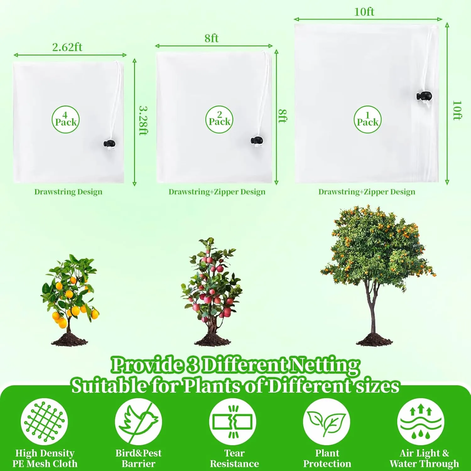 10ft x 10ft Fruit Tree Netting Cover with Zipper and Drawstring, Insect Bird Barrier Mesh, Garden Netting Barrier,Large Potted Fruit Protectors Cover for Blueberry Bushes