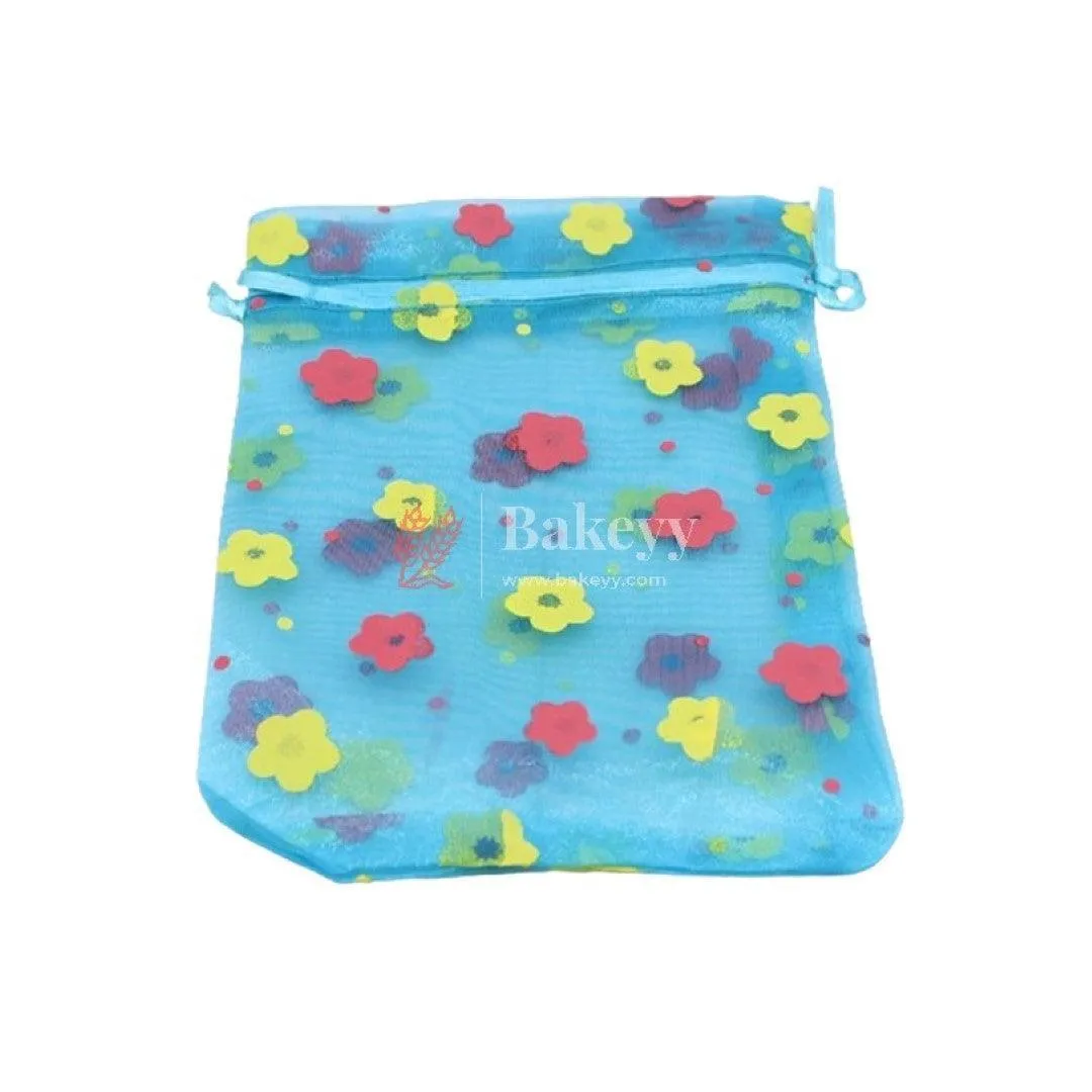 10x14 CM | Floral Designs Organza Potli Bags | Pack of 100 | Blue Color | Candy Bag