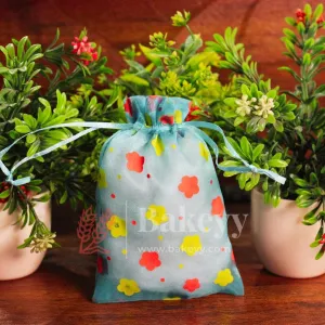 10x14 CM | Floral Designs Organza Potli Bags | Pack of 100 | Blue Color | Candy Bag