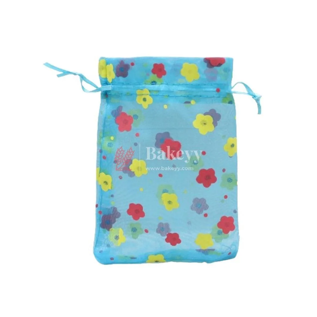 10x14 CM | Floral Designs Organza Potli Bags | Pack of 100 | Blue Color | Candy Bag
