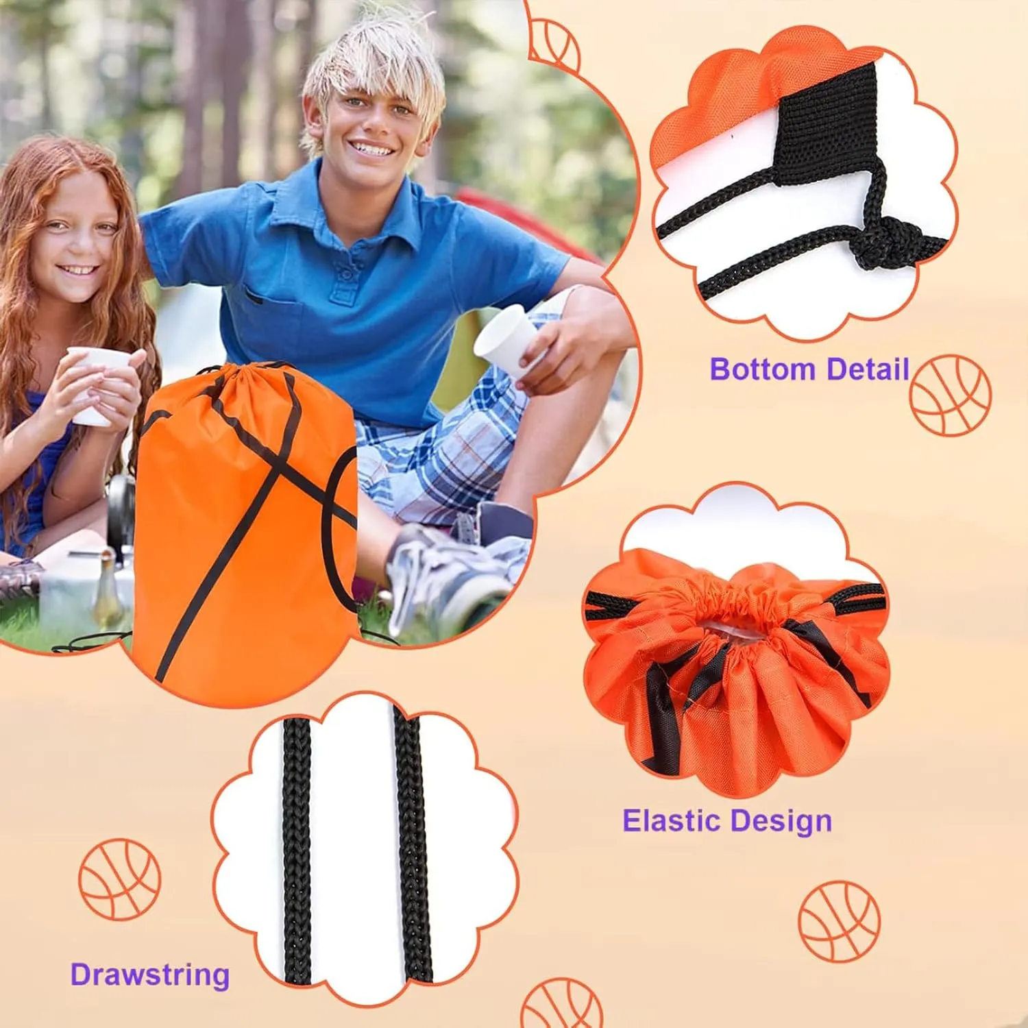 12 Pack Basketball Drawstring Backpack,Drawstring Backpacks Bulk,Large Capacity, Reliable Material,for Sports Teams(Basketball)