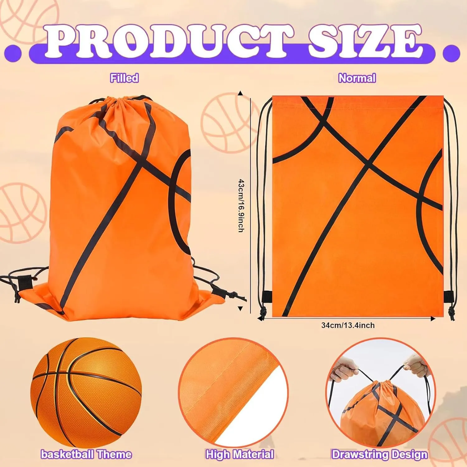 12 Pack Basketball Drawstring Backpack,Drawstring Backpacks Bulk,Large Capacity, Reliable Material,for Sports Teams(Basketball)