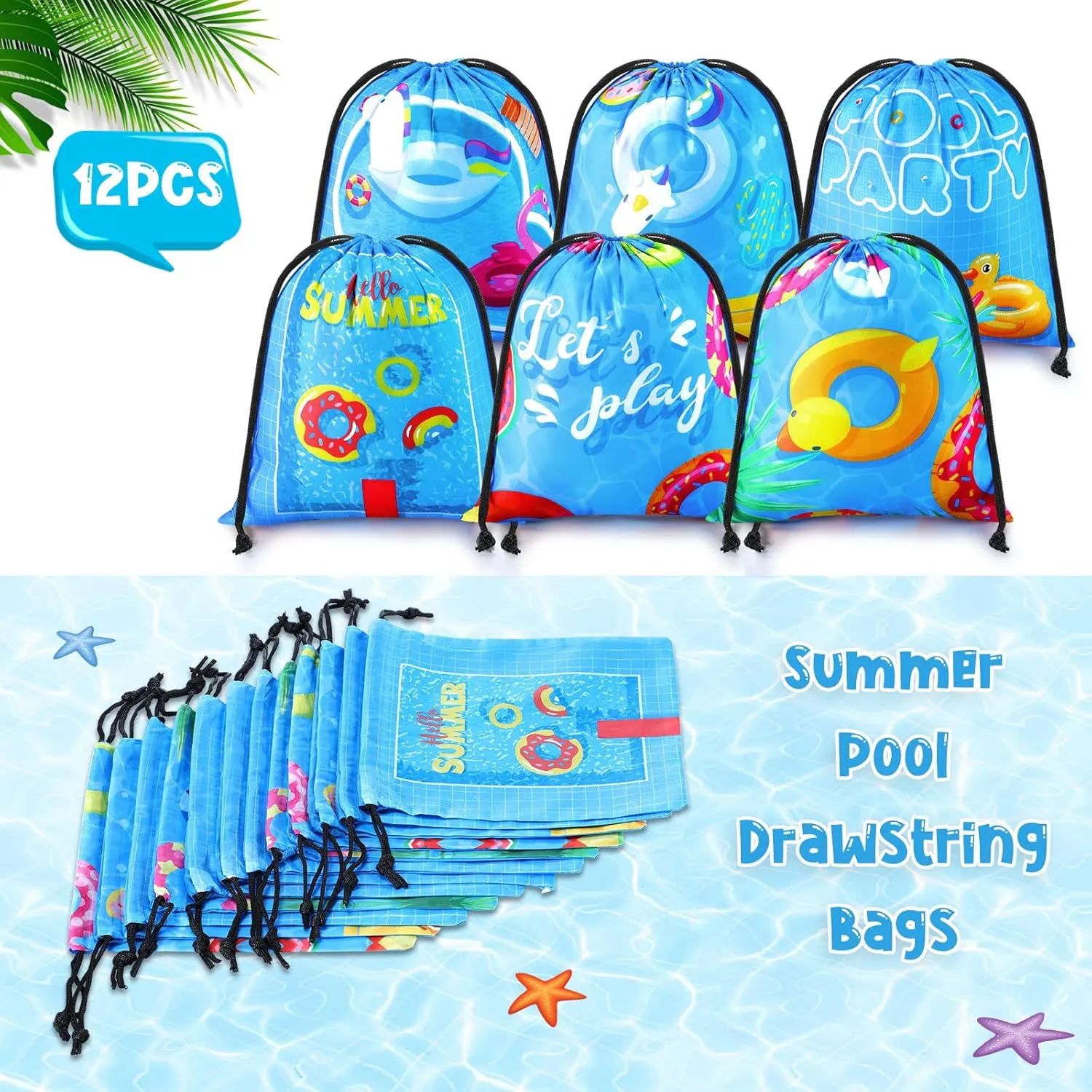 12 Pcs Pool Party Bags Drawstring Beach Bag Goody Favor Gift Bags Beach Shark Tropical Theme Party Supplies for Summer Pool