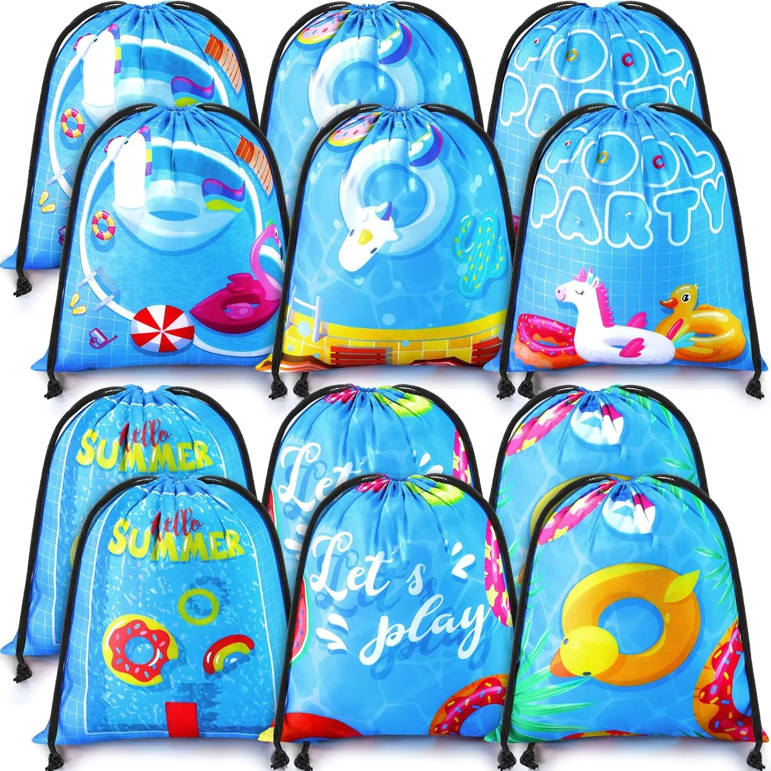 12 Pcs Pool Party Bags Drawstring Beach Bag Goody Favor Gift Bags Beach Shark Tropical Theme Party Supplies for Summer Pool