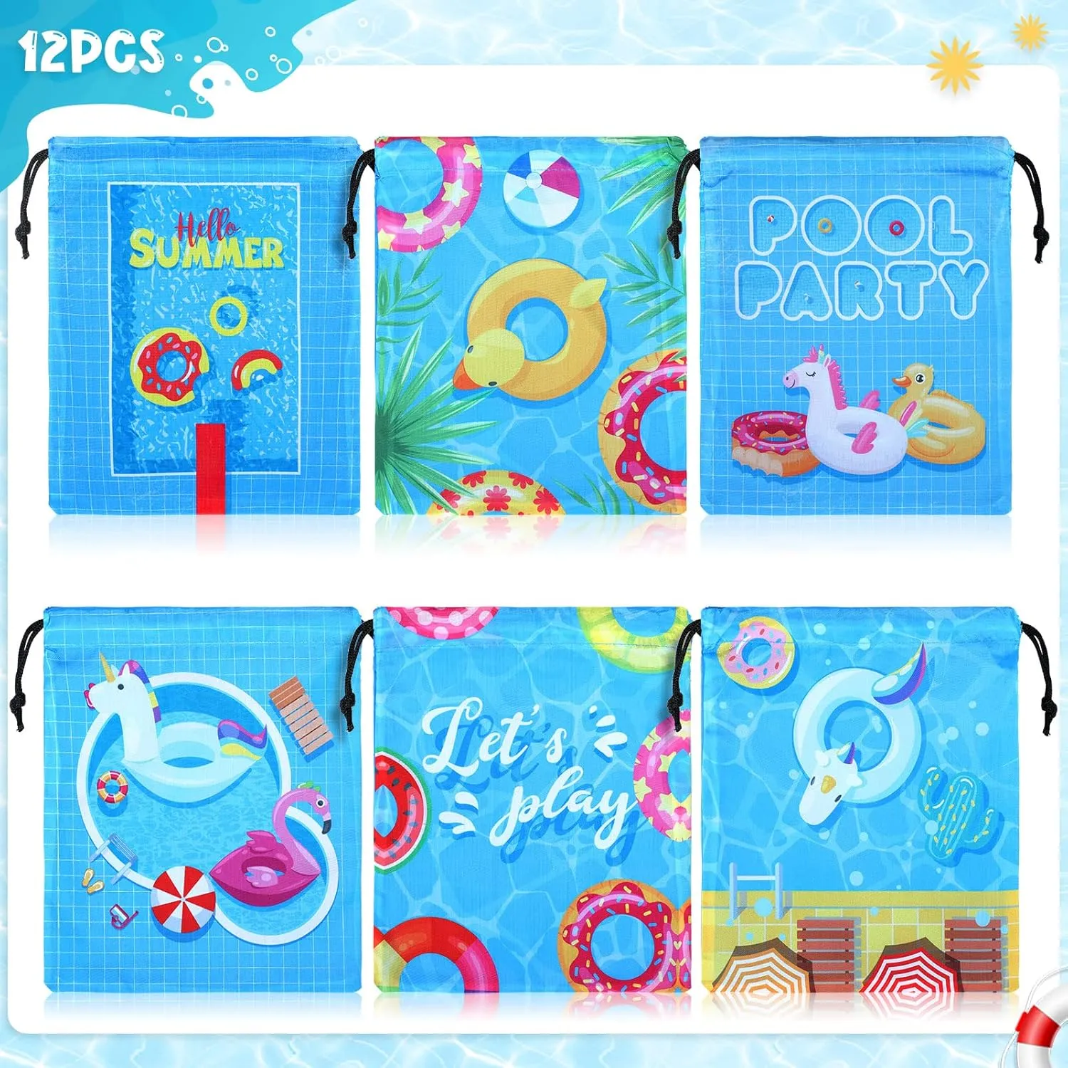 12 Pcs Pool Party Bags Drawstring Beach Bag Goody Favor Gift Bags Beach Shark Tropical Theme Party Supplies for Summer Pool