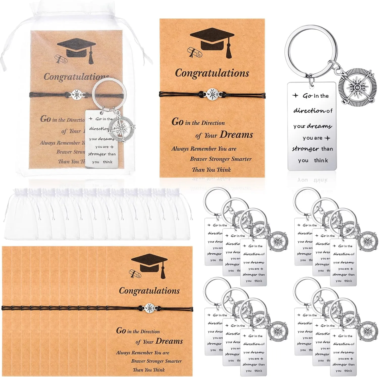 12 Set Graduation Gifts Bulk Class of 2024 Graduation Gifts for Her Him Include Compass Bracelet Key Chain and Quote Card with Drawstring Gift Bag for Women Men Nurse College Senior High School