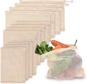 12Packs Reusable Produce Bags Reusable Washable - Vegetable Grocery Cotton Mesh Bags for Farmers Market, Beach, and Refrigerator Storage Vegetables 4xS, 4xM, 4xL
