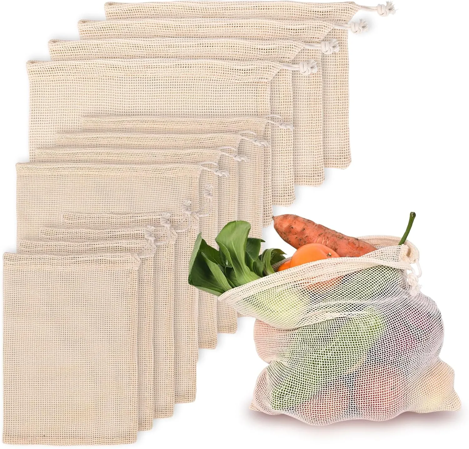 12Packs Reusable Produce Bags Reusable Washable - Vegetable Grocery Cotton Mesh Bags for Farmers Market, Beach, and Refrigerator Storage Vegetables 4xS, 4xM, 4xL