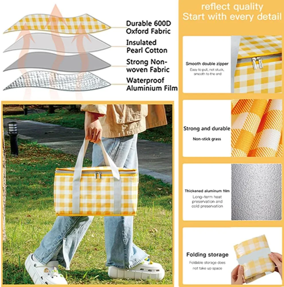 14L and 36L Picnic Basket with 5.9x7.9in Blankett for Couples, 4-6,Insulated Grocery Collapsible Cooler Bags with Handles, Camping Gear Accessories, Tailgating Essentials for Family,Summer Gift, Small