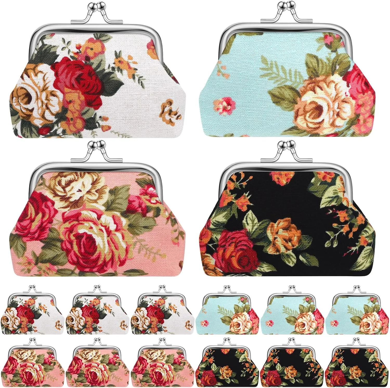 16 Pcs Canvas Floral Buckle Coin Purses Vintage Kiss Lock Change Purses Bulk Rose Flower Wallet for Women(4 x 3 Inch)