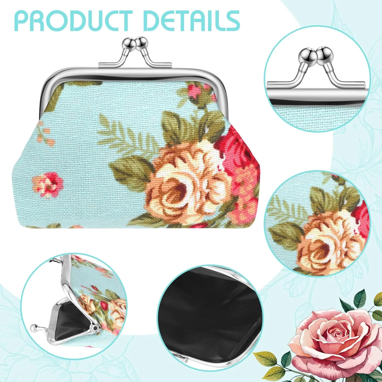 16 Pcs Canvas Floral Buckle Coin Purses Vintage Kiss Lock Change Purses Bulk Rose Flower Wallet for Women(4 x 3 Inch)