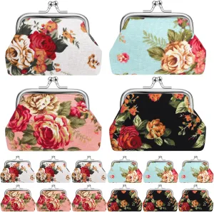 16 Pcs Canvas Floral Buckle Coin Purses Vintage Kiss Lock Change Purses Bulk Rose Flower Wallet for Women(4 x 3 Inch)