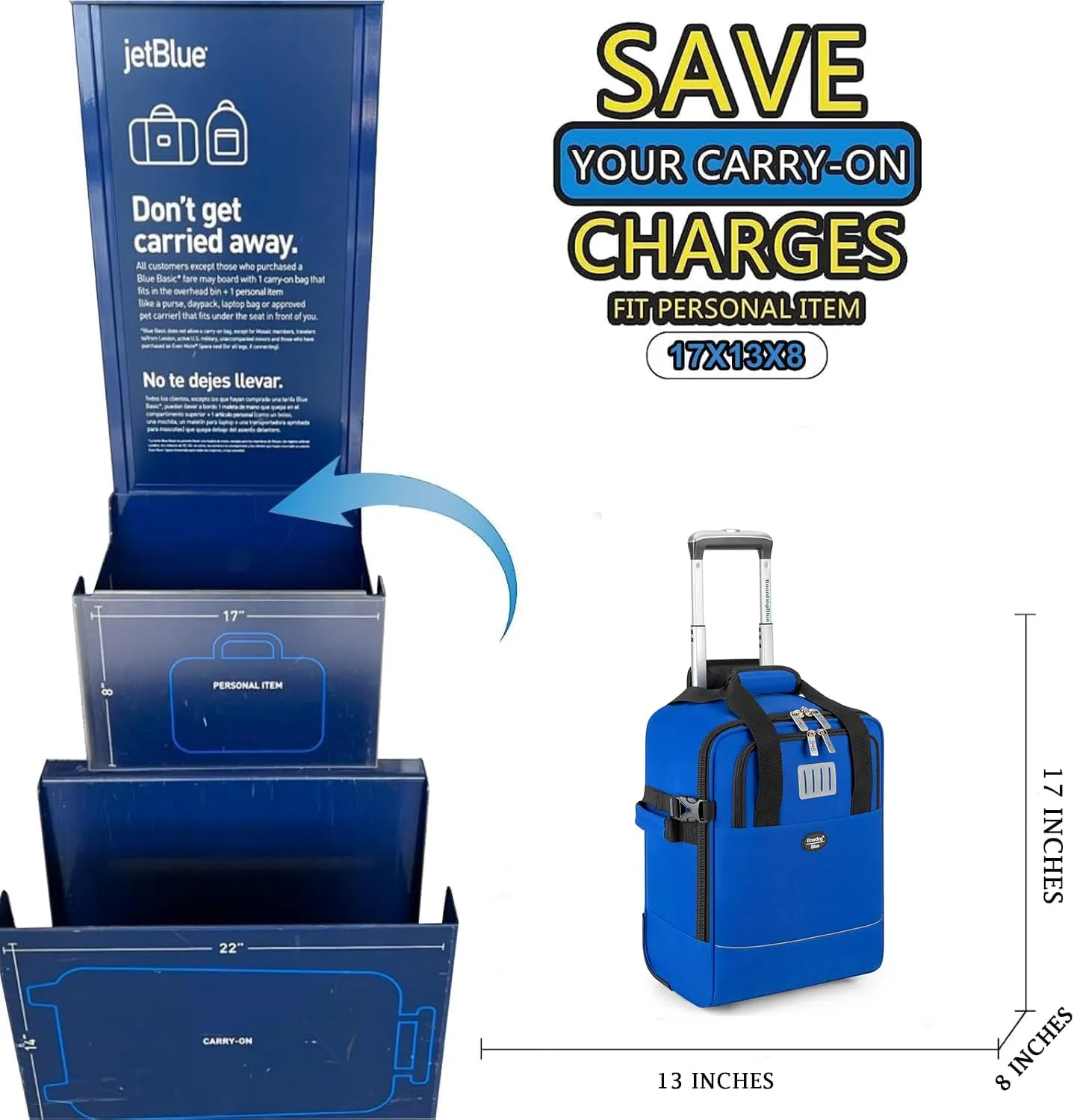 17x13x8 Inches JetBlue Airlines Rolling Personal Item Underseat Travel Bag - Suitable for Major Airlines including Spirit, Jetblue and Frontier- Duffel Bag Design (Navy, 17x13x8 Inches)
