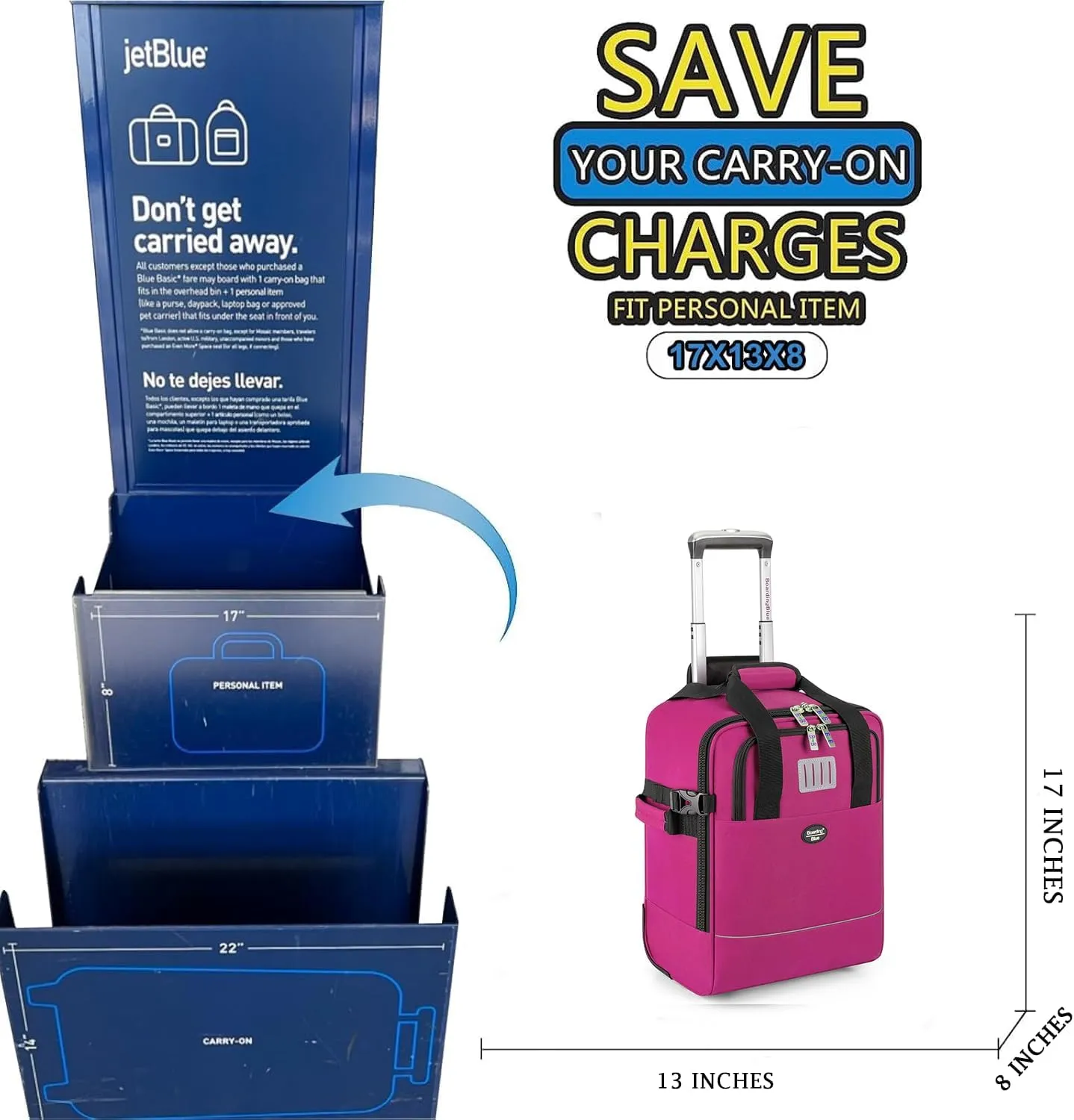 17x13x8 Inches JetBlue Airlines Rolling Personal Item Underseat Travel Bag - Suitable for Major Airlines including Spirit, Jetblue and Frontier- Duffel Bag Design (Purple, 17x13x8 Inches)