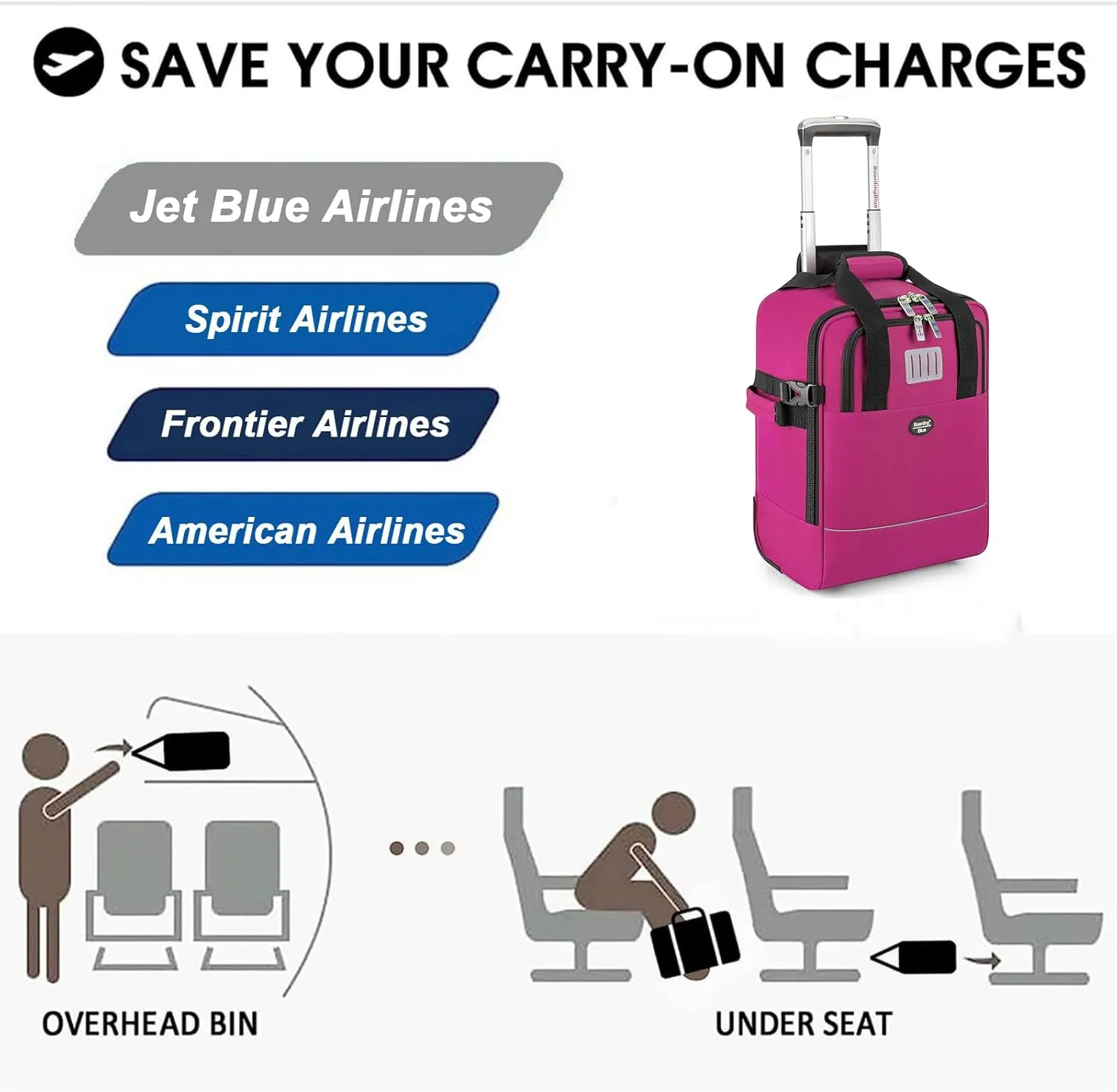 17x13x8 Inches JetBlue Airlines Rolling Personal Item Underseat Travel Bag - Suitable for Major Airlines including Spirit, Jetblue and Frontier- Duffel Bag Design (Purple, 17x13x8 Inches)