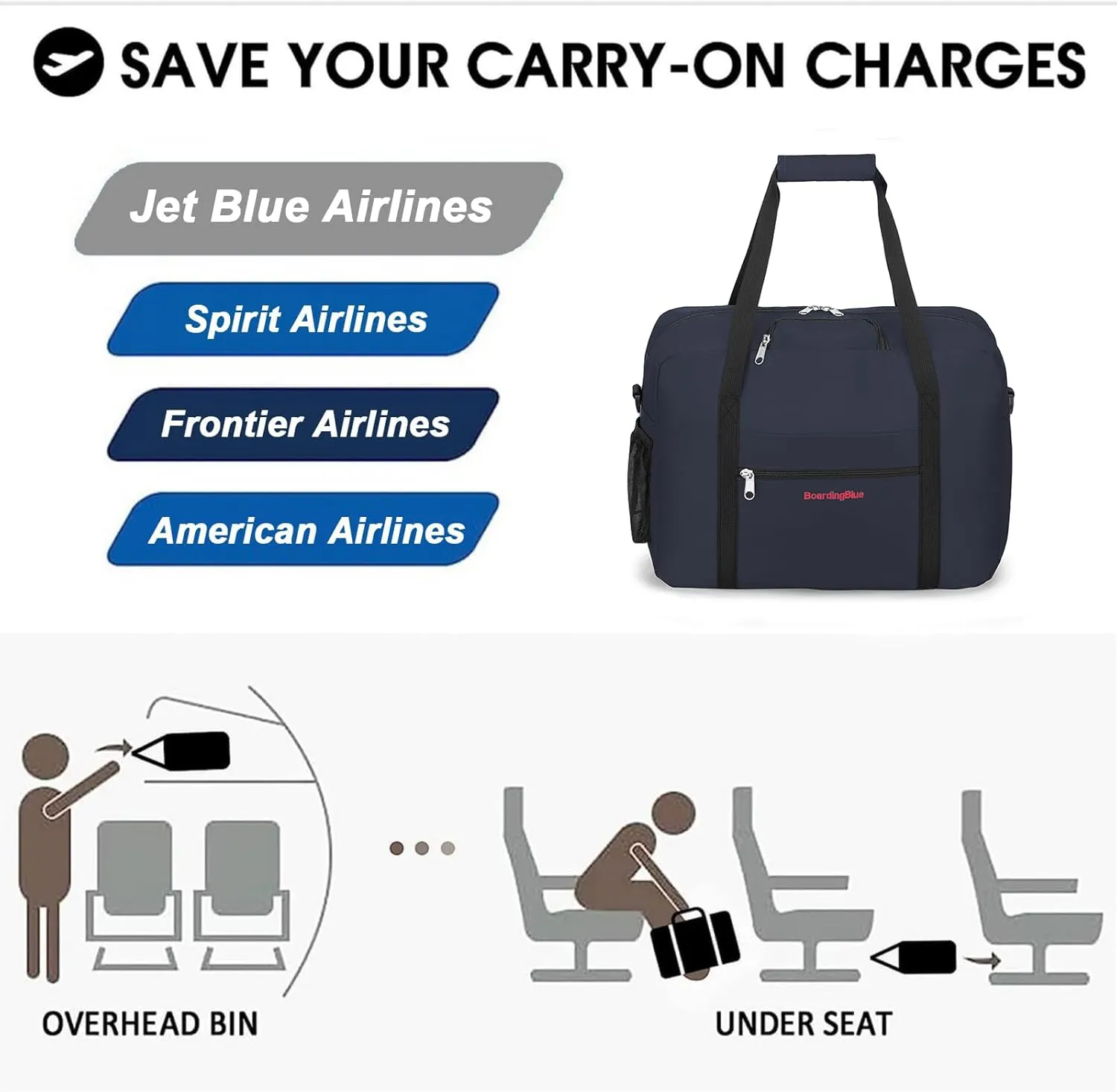 17X13X8 Inches JetBlus Airlines Personal Item Under Seat Duffel Bag With Free Pillow And USB Port Suitable for Major Airlines including Spirit, Jetblue, Frontier, and American (Navy)