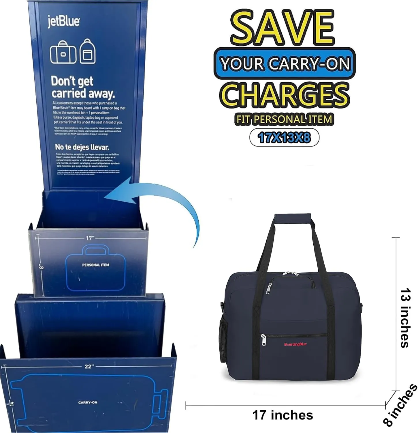 17X13X8 Inches JetBlus Airlines Personal Item Under Seat Duffel Bag With Free Pillow And USB Port Suitable for Major Airlines including Spirit, Jetblue, Frontier, and American (Navy)