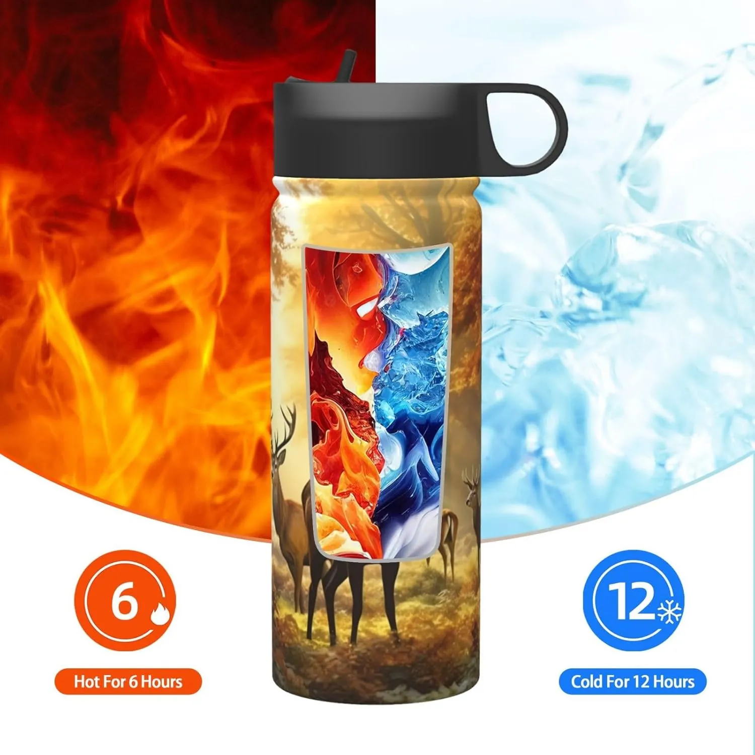 18 oz Deers Fall Tree Double Wall Insulated Water Bottle with Straw and Lid, Stainless Steel Sports Bottles Autumn Maple Leaves Travel Mug for Home Office