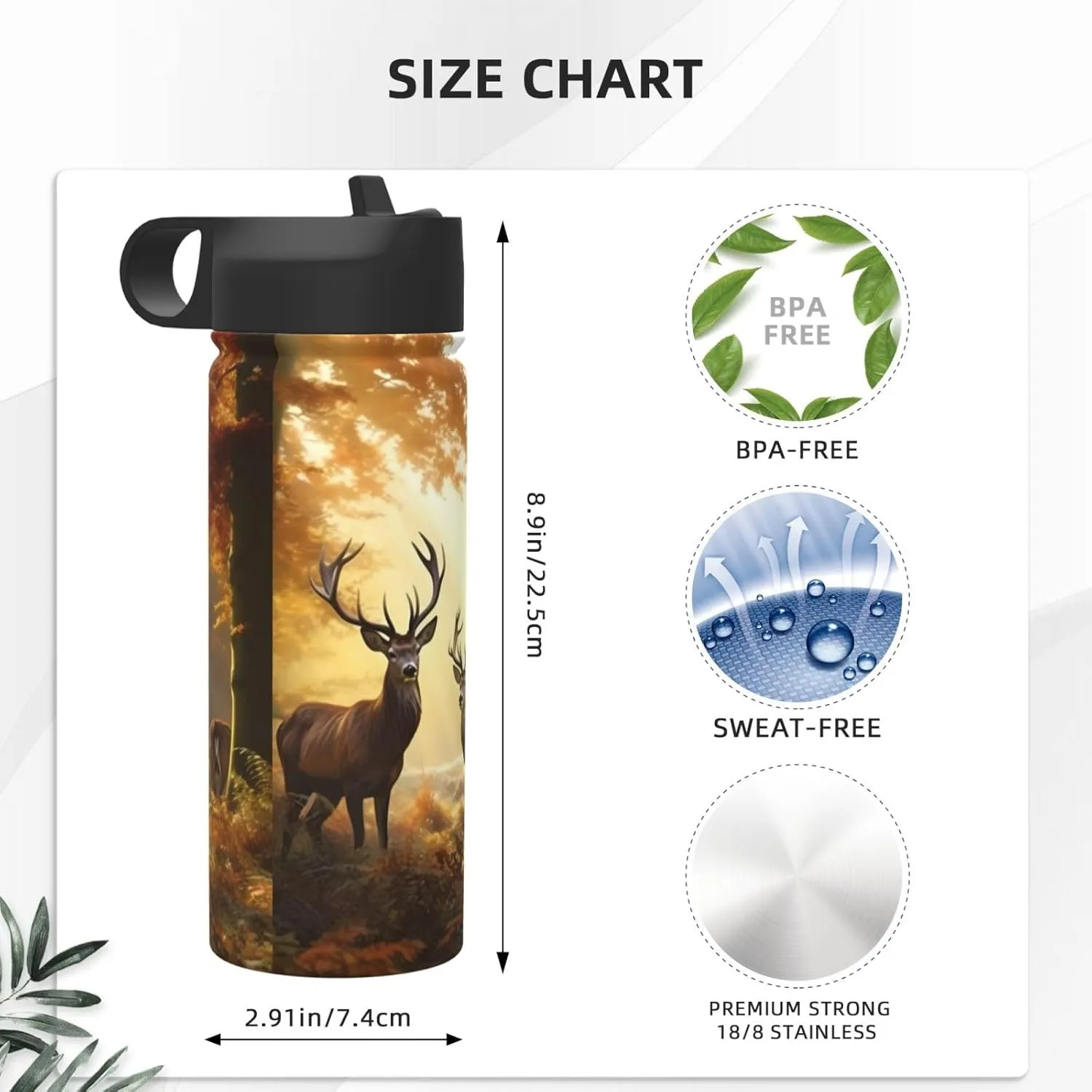 18 oz Deers Fall Tree Double Wall Insulated Water Bottle with Straw and Lid, Stainless Steel Sports Bottles Autumn Maple Leaves Travel Mug for Home Office