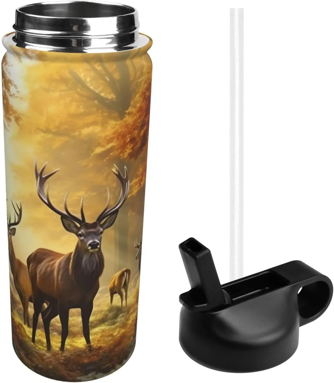 18 oz Deers Fall Tree Double Wall Insulated Water Bottle with Straw and Lid, Stainless Steel Sports Bottles Autumn Maple Leaves Travel Mug for Home Office