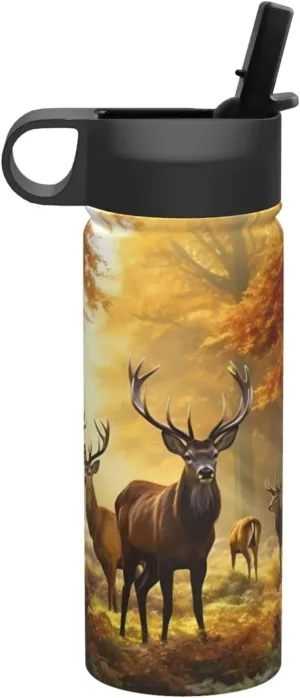 18 oz Deers Fall Tree Double Wall Insulated Water Bottle with Straw and Lid, Stainless Steel Sports Bottles Autumn Maple Leaves Travel Mug for Home Office