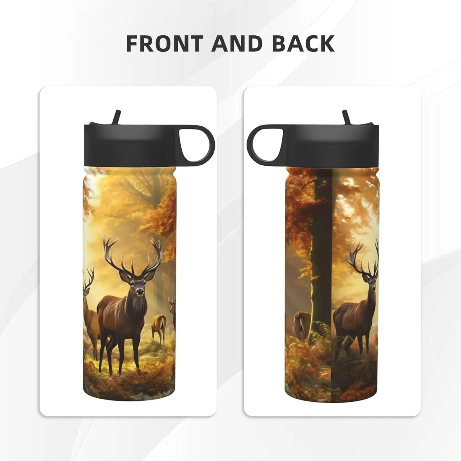 18 oz Deers Fall Tree Double Wall Insulated Water Bottle with Straw and Lid, Stainless Steel Sports Bottles Autumn Maple Leaves Travel Mug for Home Office