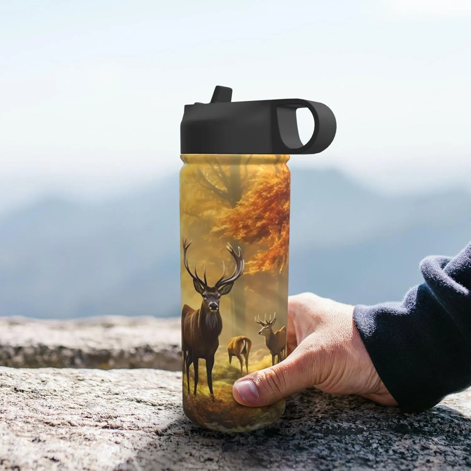 18 oz Deers Fall Tree Double Wall Insulated Water Bottle with Straw and Lid, Stainless Steel Sports Bottles Autumn Maple Leaves Travel Mug for Home Office