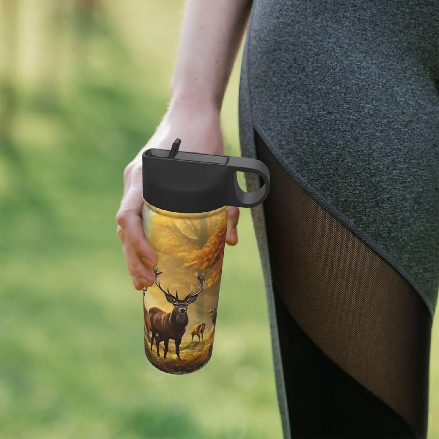 18 oz Deers Fall Tree Double Wall Insulated Water Bottle with Straw and Lid, Stainless Steel Sports Bottles Autumn Maple Leaves Travel Mug for Home Office
