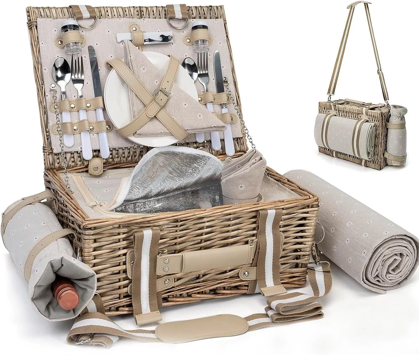 19Pcs Picnic Basket for 2 with Insulated Liner and Waterproof Picnic Blanket Wine Pouch, Large Wicker Picnic Hamper for Camping,Outdoor,Valentine Christmas for Couples