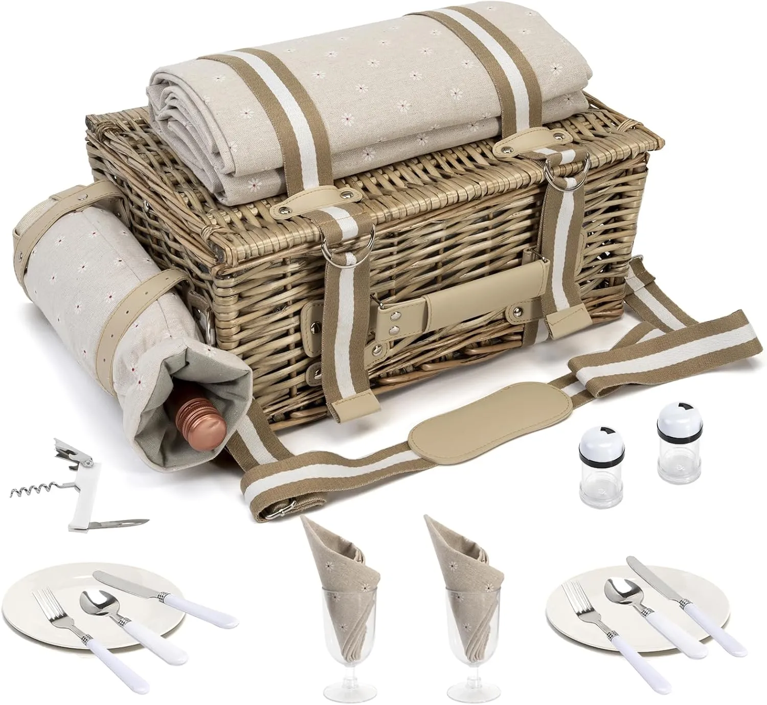 19Pcs Picnic Basket for 2 with Insulated Liner and Waterproof Picnic Blanket Wine Pouch, Large Wicker Picnic Hamper for Camping,Outdoor,Valentine Christmas for Couples