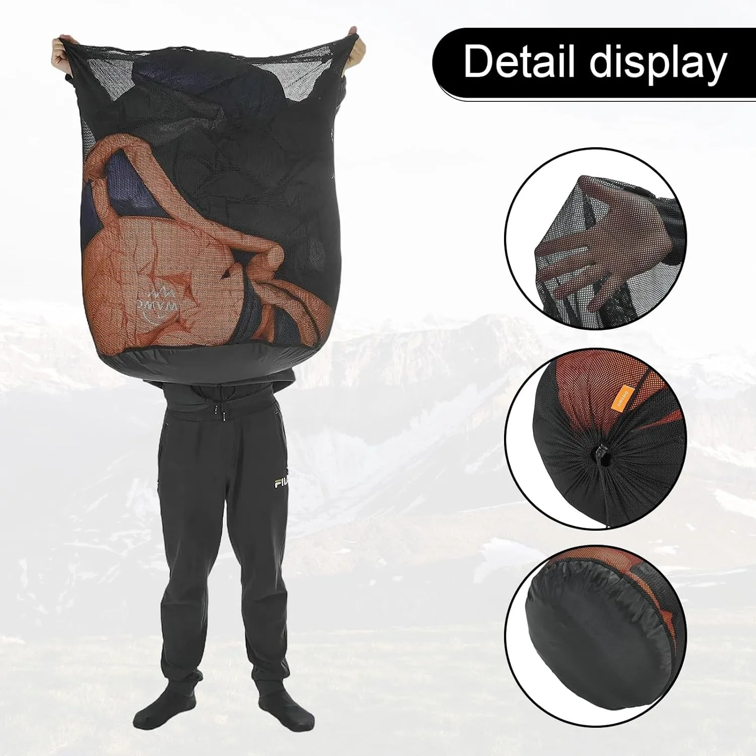 1Pcs100L Mesh Sleeping Bag Storage Sack Stuff Sack Mesh Laundry Bag Drawstring Bag，Tear-Resistant Polyester Mesh,300D Oxford Bottom,Anti-Dirt and Water-Resistant.