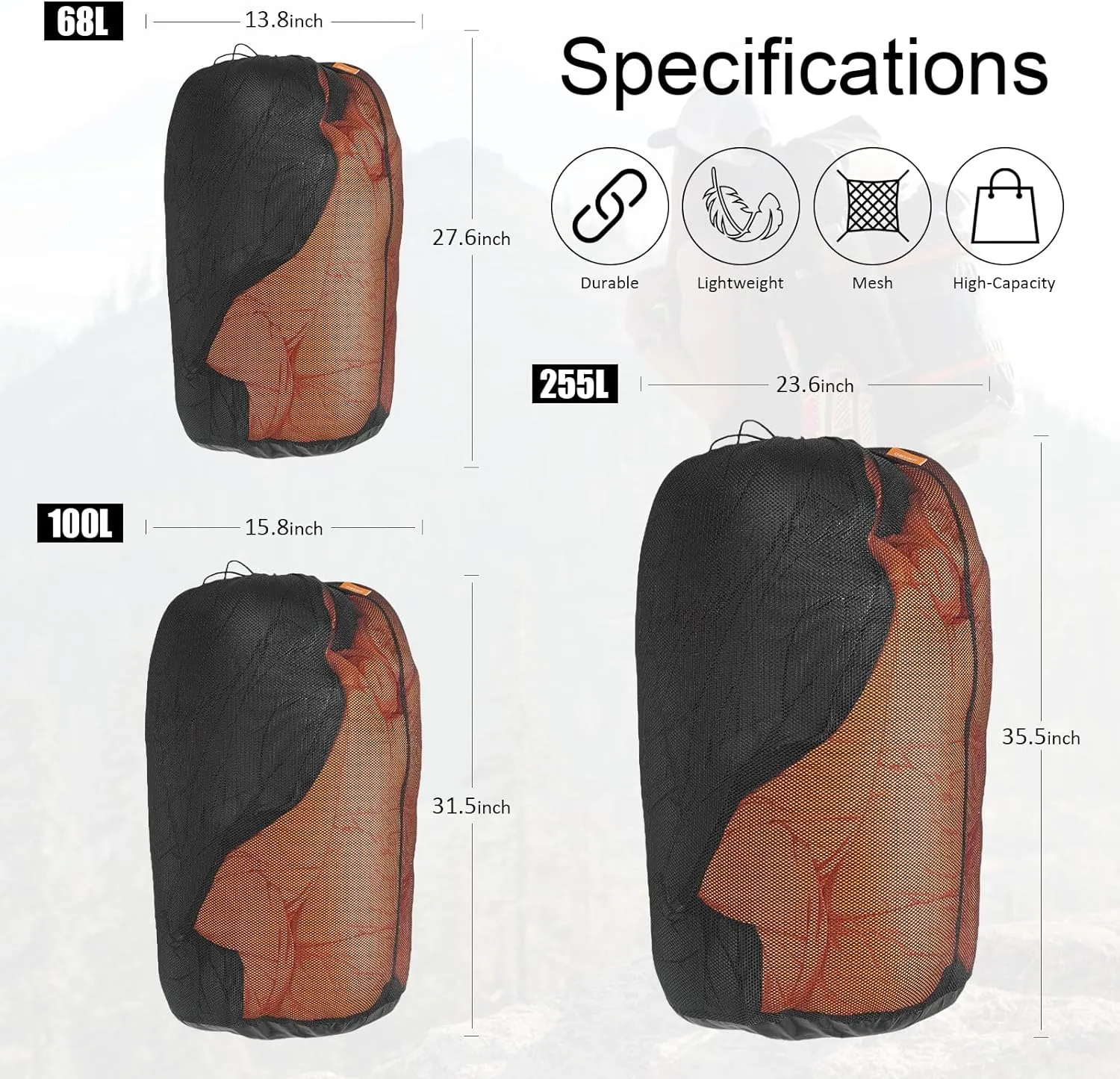 1Pcs100L Mesh Sleeping Bag Storage Sack Stuff Sack Mesh Laundry Bag Drawstring Bag，Tear-Resistant Polyester Mesh,300D Oxford Bottom,Anti-Dirt and Water-Resistant.