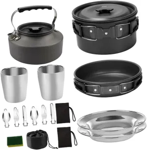 1set Camping Cooker Lightweight Supplies for Hiking Non-Stick Pots Insulated Handles Portable Cookware for People Outdoor Picnic Travel