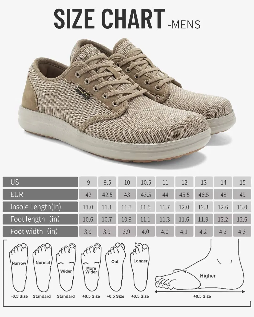 1TAZERO Wide-Shoes for Men - Toe-Box Walking Shoes with Arch Support