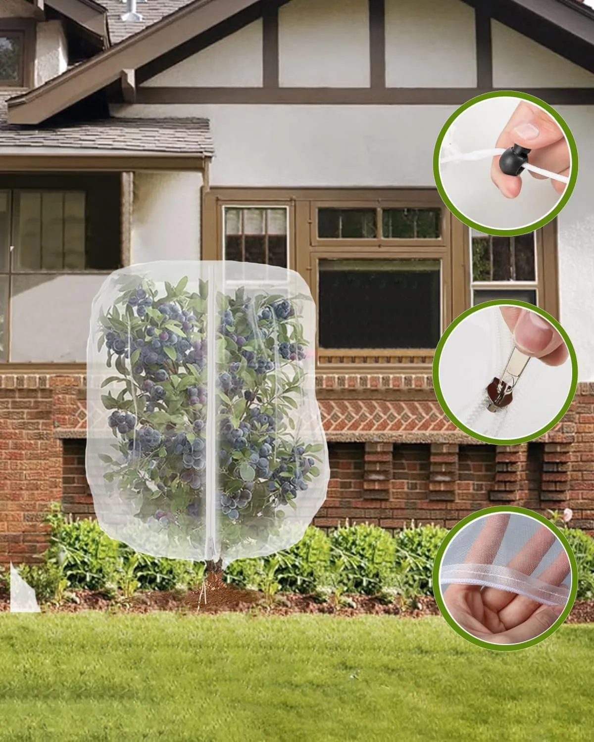 2 Pack Large Fruit Tree Netting with Zipper & Drawstring, 5.9 x 5.9 Ft Reusable Blueberry Bush Netting Cover, Durable Bird Netting for Trees, Bushes, Flowers