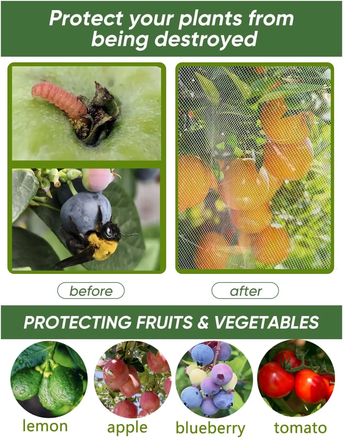 2 Pack Large Fruit Tree Netting with Zipper & Drawstring, 5.9 x 5.9 Ft Reusable Blueberry Bush Netting Cover, Durable Bird Netting for Trees, Bushes, Flowers