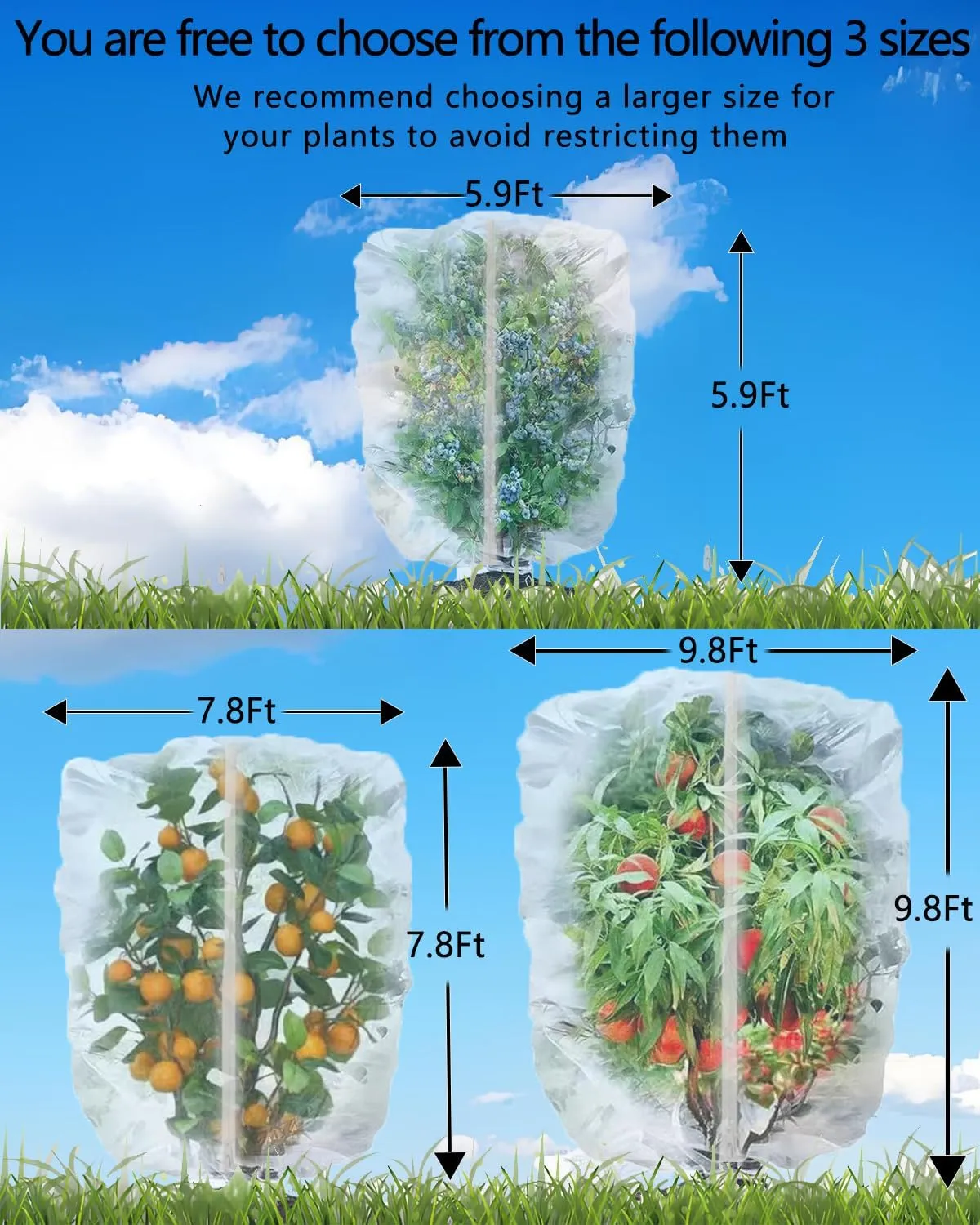 2 Pack Large Fruit Tree Netting with Zipper & Drawstring, 5.9 x 5.9 Ft Reusable Blueberry Bush Netting Cover, Durable Bird Netting for Trees, Bushes, Flowers