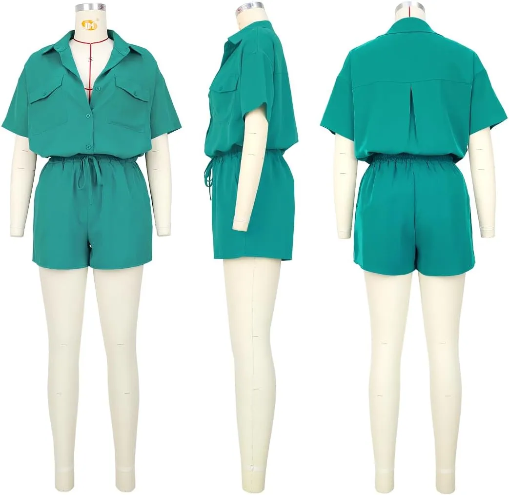 2 Piece Outfits for Women Summer Casual Short Sleeve Button Down Tops Blouses Shirts and Shorts Set with Pockets Romper