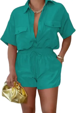 2 Piece Outfits for Women Summer Casual Short Sleeve Button Down Tops Blouses Shirts and Shorts Set with Pockets Romper