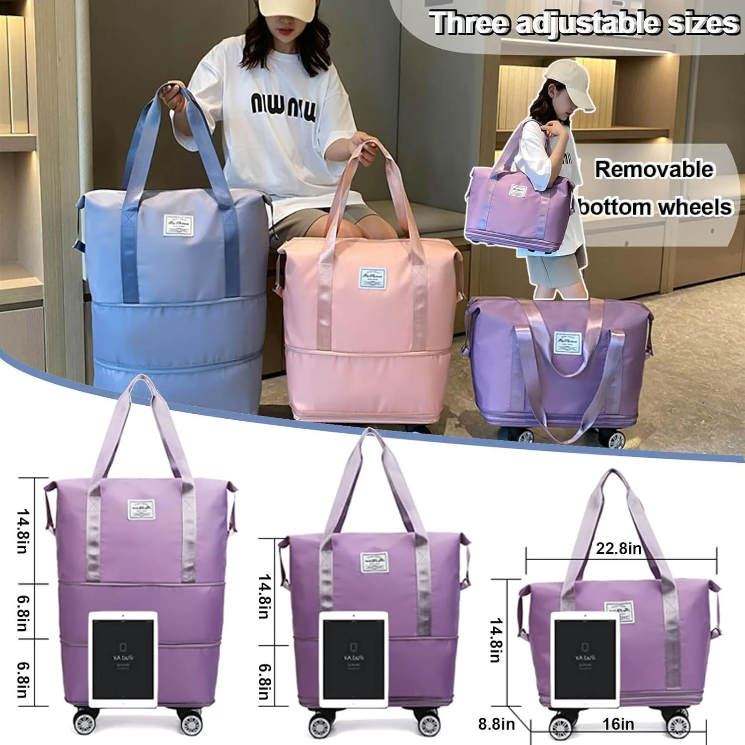2025 New Pepepo Travel Bag with Wheels,Pepepo Large Capacity Travel Bag,Expandable Foldable Duffle Bag,Dry and Wet Separation Large Expandable Capacity (Blue)