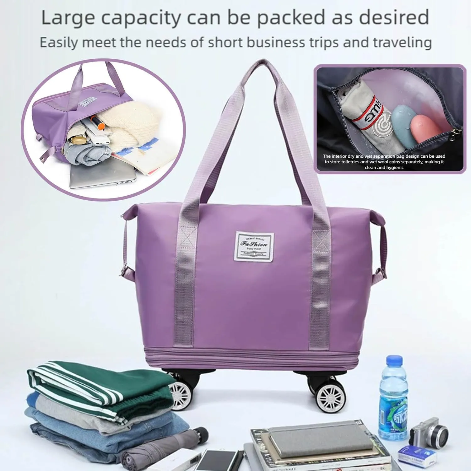 2025 New Pepepo Travel Bag with Wheels,Pepepo Large Capacity Travel Bag,Expandable Foldable Duffle Bag,Dry and Wet Separation Large Expandable Capacity (Blue)