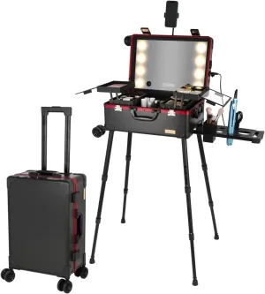 20" Aluminum Ligthed Makeup Train Case with LED Lights Professional Cosmetic Organizer Studio with Speaker, Wheels and Stands Rolling Trolley Makeup Vanity Station for Travel (Black)