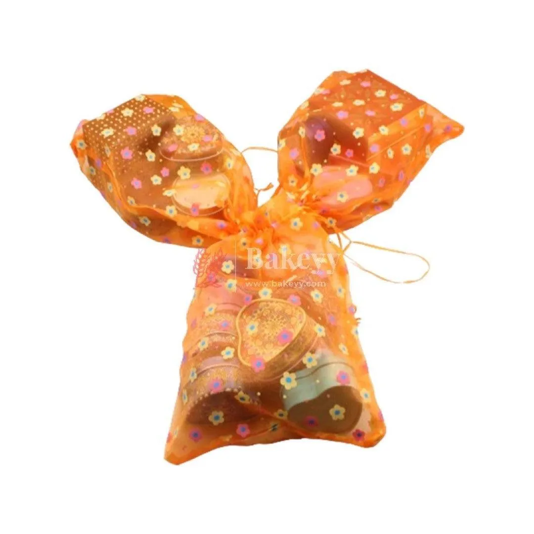 22x31 CM | Floral Designs Organza Potli Bags | Pack of 50 |  Orange Color | Candy Bag
